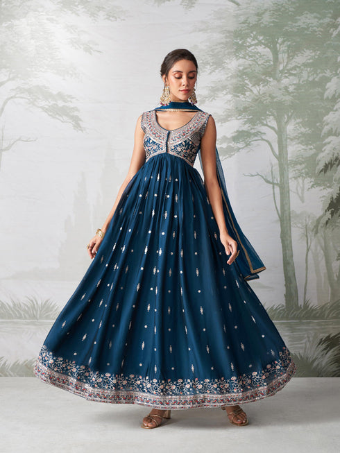 Teal Rangoli Georgette Anarkali Dress 193555 Closure View
