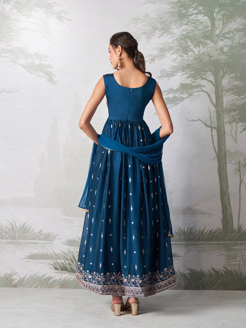 Teal Rangoli Georgette Anarkali Dress 193555 Back View