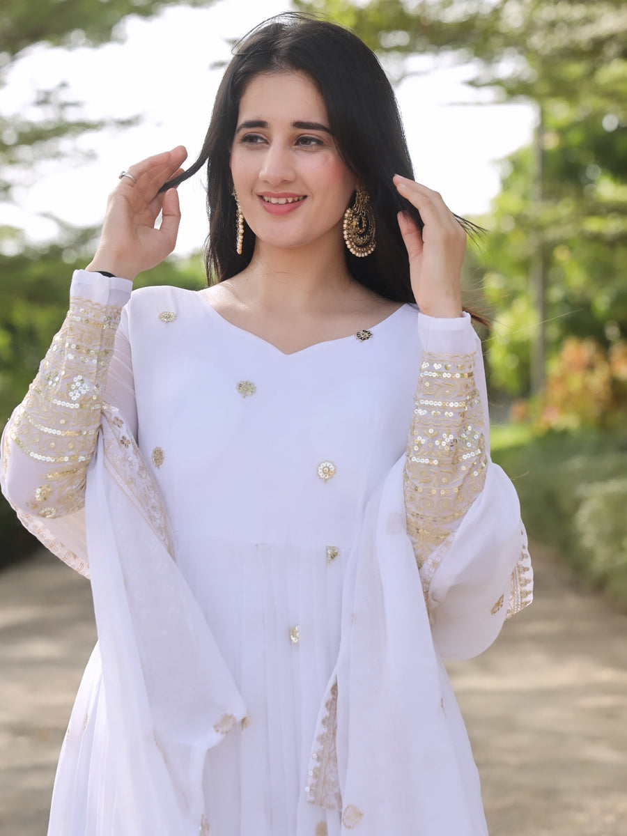 White Georgette Anarkali Dress 193571 White Thread Embroidery With Zari  Sequence Work RT10353-193571  Arabic attire