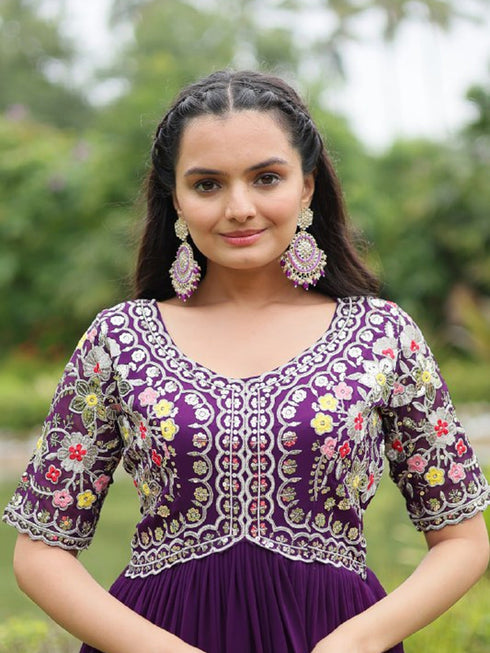 Purple Faux Blooming Anarkali Dress 193664 Back View