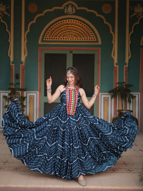 Teal Chinon Anarkali Dress 193668 Closure View