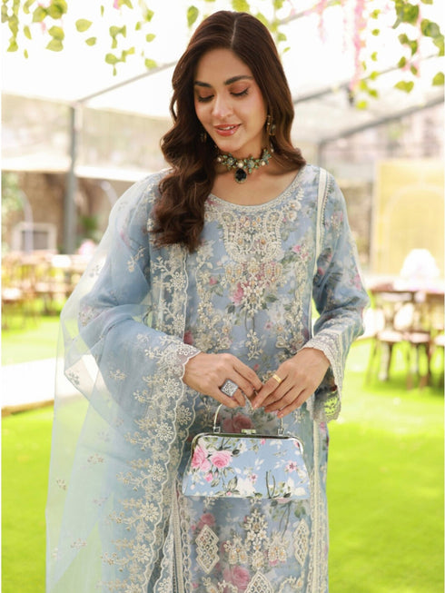 Sky Blue Heavy Organza Silk Pant Suit 193672 Closure View