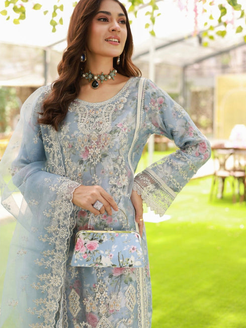 Sky Blue Heavy Organza Silk Pant Suit 193672 Back View