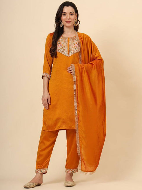 Orange Vichitra Silk Pant Suit 193718