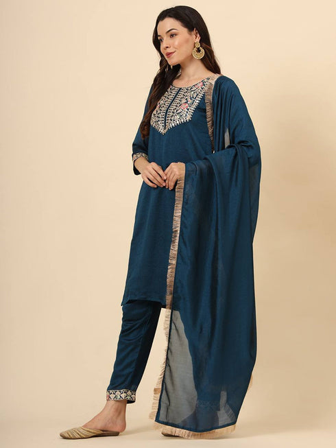 Teal Vichitra Silk Pant Suit 193721 Closure View