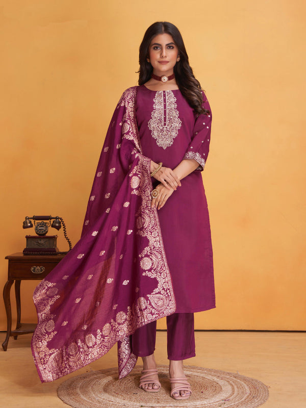 Wine Roman Silk Pant Suit 193787