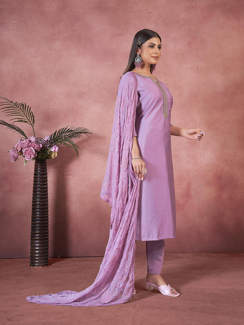 Lavender Art Silk Pant Suit 193795 Closure View