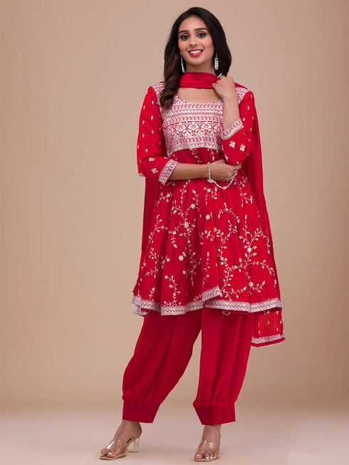 Red Vichitra Silk Pant Suit 193861