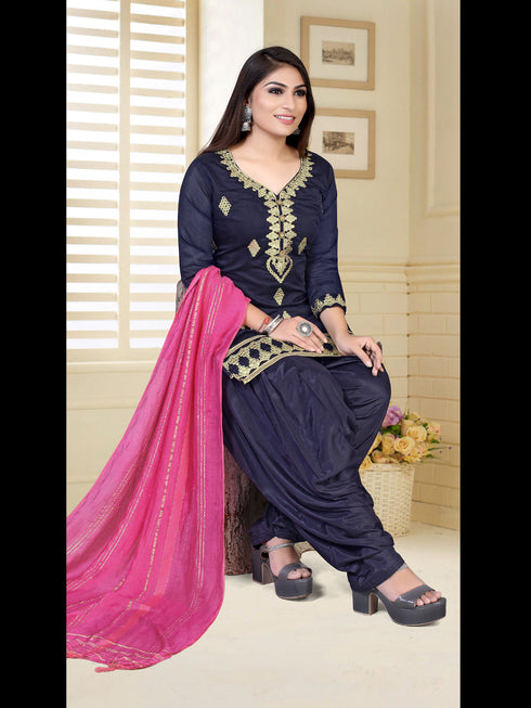 Navy Blue Model Chanderi Patiyala Dress 193866 Closure View