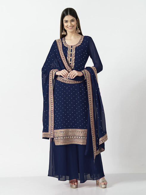 Navy Blue Heavy Georgette Palazzo Suit 193873