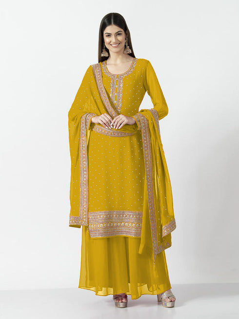 Mustard Heavy Georgette Palazzo Suit 193875