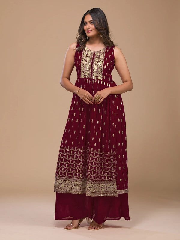 Wine Heavy Georgette Palazzo Suit 193880