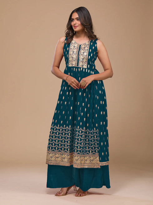 Teal Heavy Georgette Palazzo Suit 193882