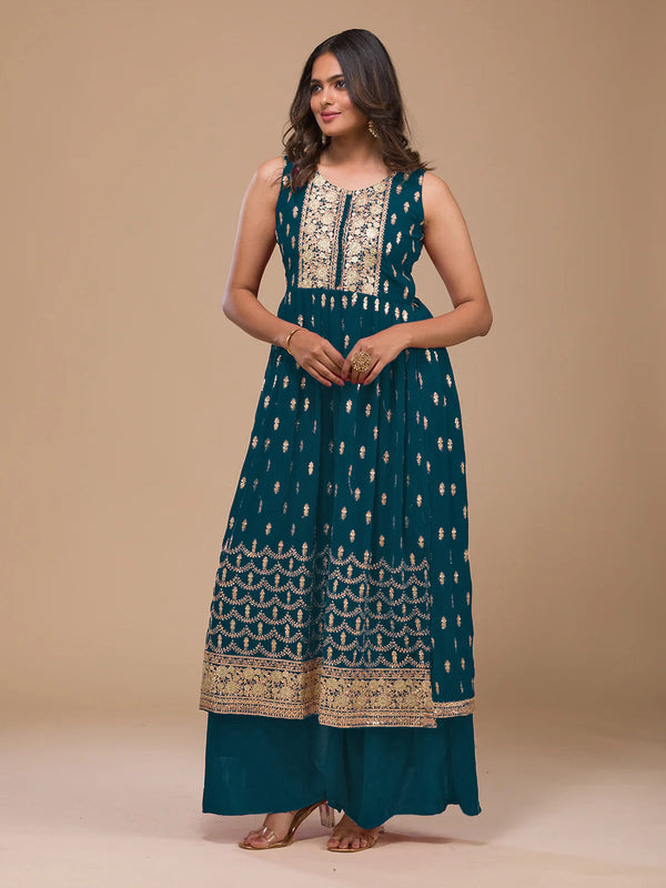 Teal Heavy Georgette Palazzo Suit 193882