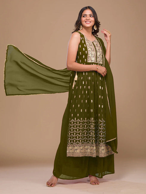 Mehendi Green Heavy Georgette Palazzo Suit 193883 Closure View