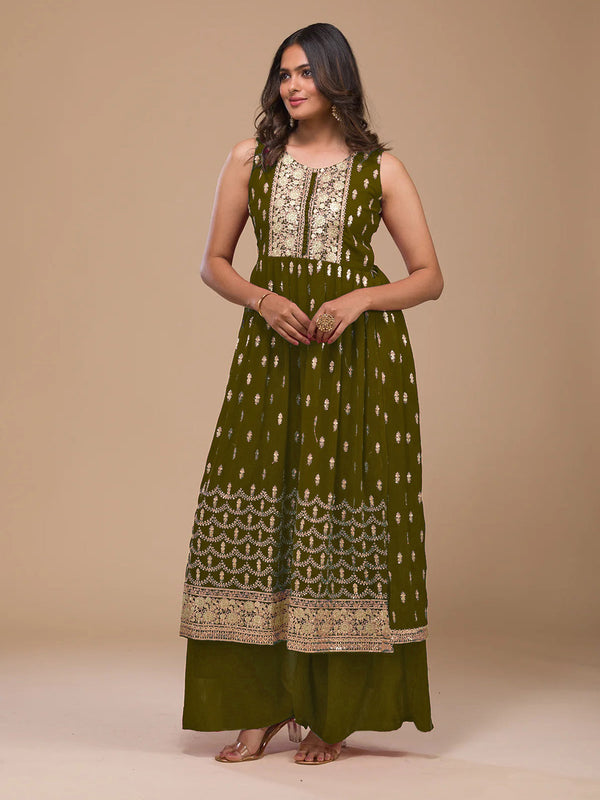 Mehendi Green Heavy Georgette Palazzo Suit 193883