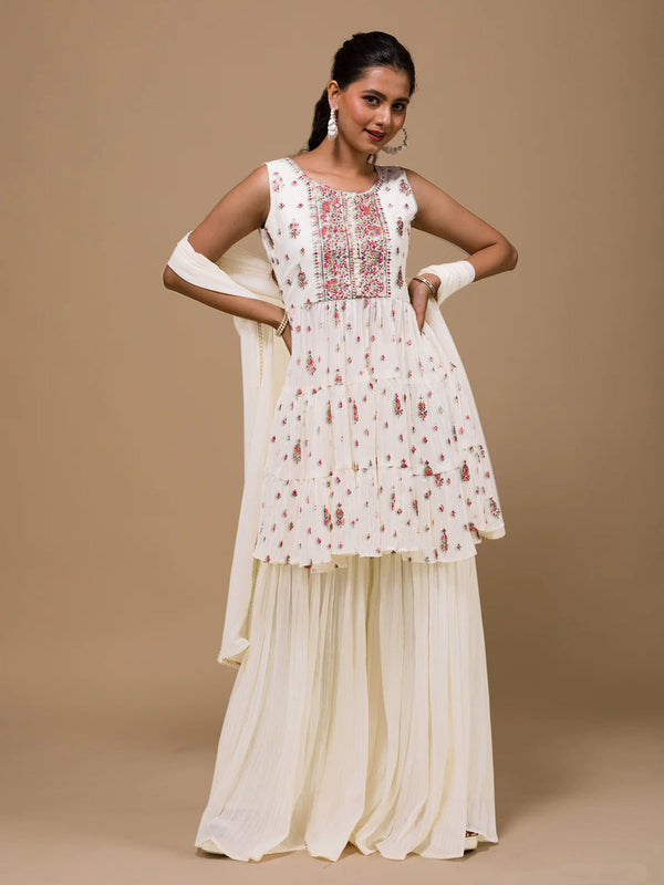 White Heavy Georgette Palazzo Suit 193884