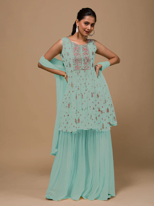 Sea Green Heavy Georgette Palazzo Suit 193887