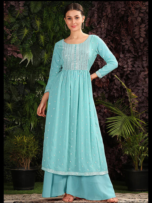 Firozi Heavy Georgette Palazzo Suit 193892