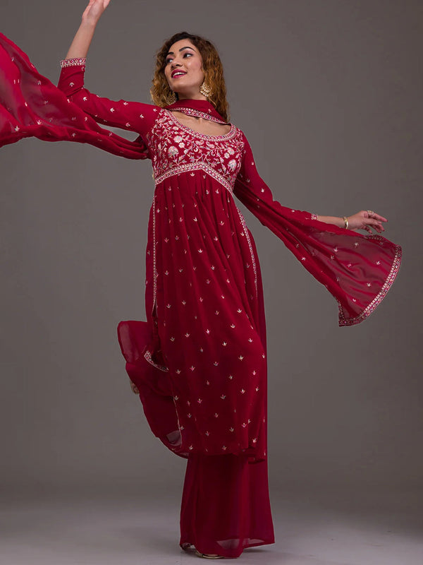 Maroon Heavy Georgette Palazzo Suit 193893