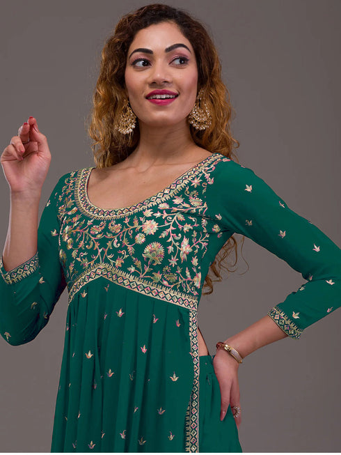 Green Heavy Georgette Palazzo Suit 193897 Closure View