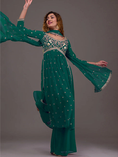 Green Heavy Georgette Palazzo Suit 193897