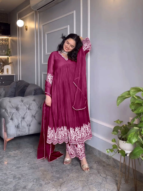 Rani Pink Pure Chinon Silk Anarkali Dress 193911 Closure View