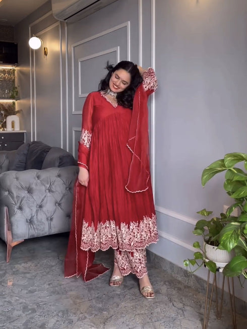 Red Pure Chinon Silk Anarkali Dress 193912 Closure View