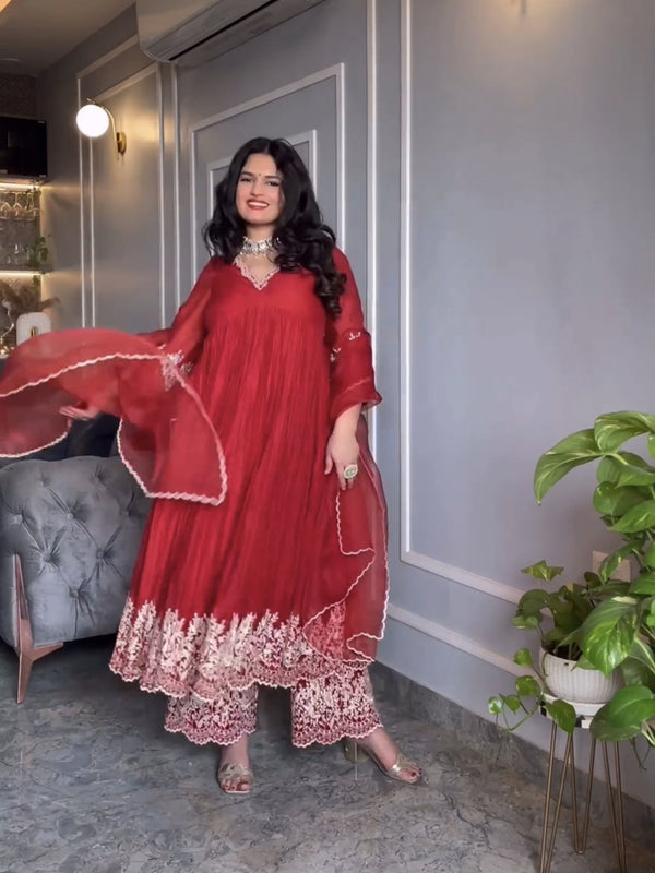 Red Pure Chinon Silk Anarkali Dress 193912