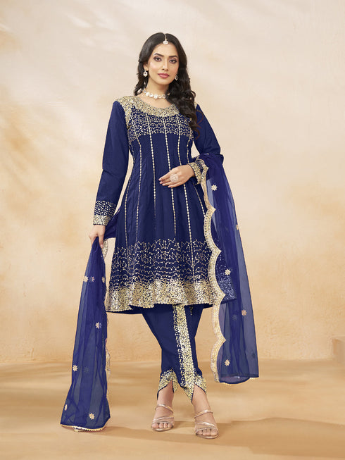 Navy Blue Heavy Art Silk Patiyala Dress 193970 Closure View