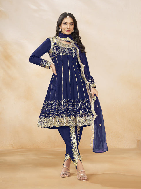 Navy Blue Heavy Art Silk Patiyala Dress 193970 Back View