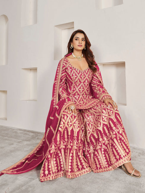 Rani Pink Premium Chiffon Sharara Suit 194016 Closure View