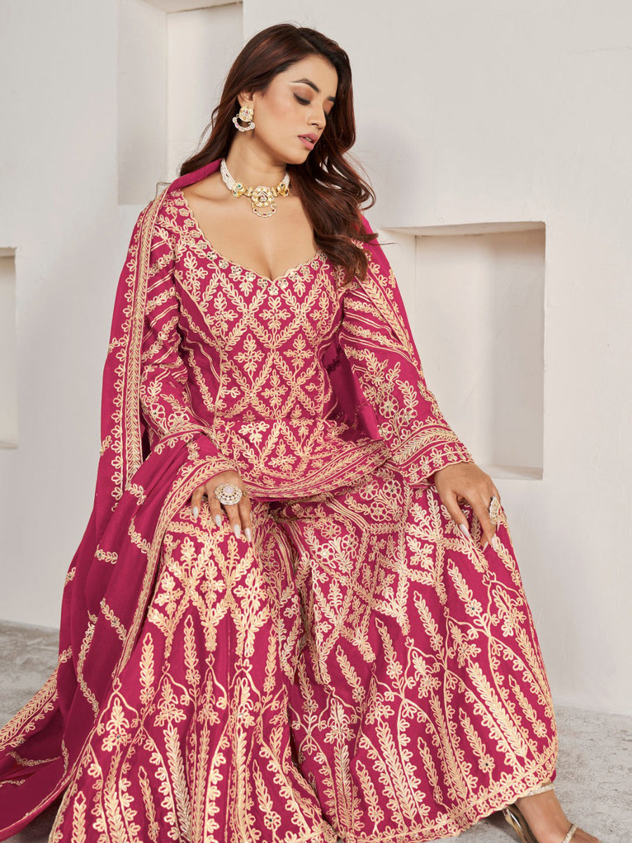 Rani Pink Embroidered & Mirror Work Full Flair Sharara suit with Beautiful Sequins Work Duppata