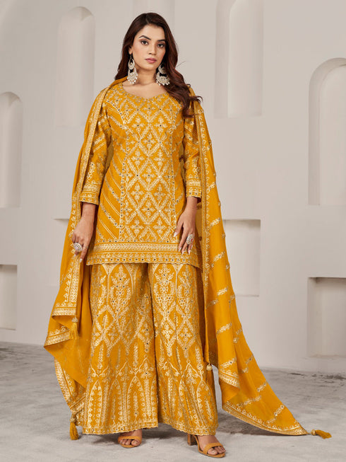 Mustard Premium Chiffon Sharara Suit 194017 Closure View