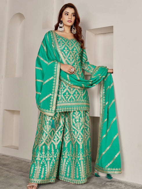 Sea Green Premium Chiffon Sharara Suit 194018 Closure View