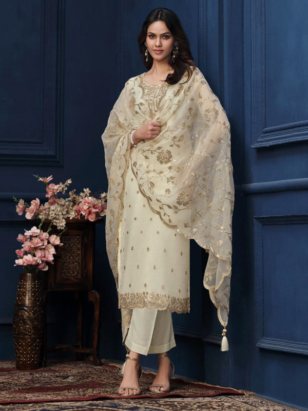 Cream Organza Chiffon Pant Suit 194030