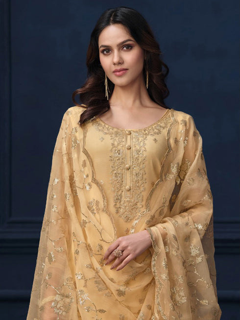 Yellow Organza Chiffon Pant Suit 194032 Closure View