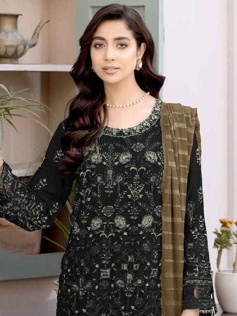 Black Heavy Fox Georgette Pant Suit 194081 Closure View