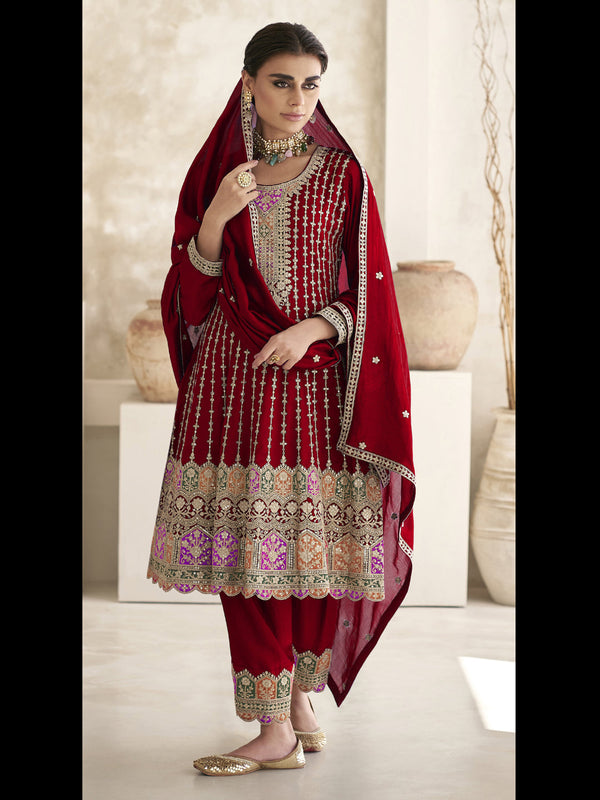 Maroon Heavy Chinon Pant Suit 194091