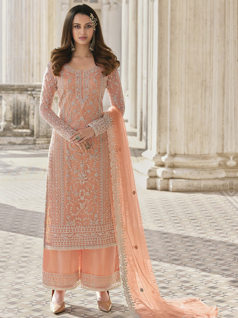 Peach Heavy Butterfly Net Palazzo Suit 194093