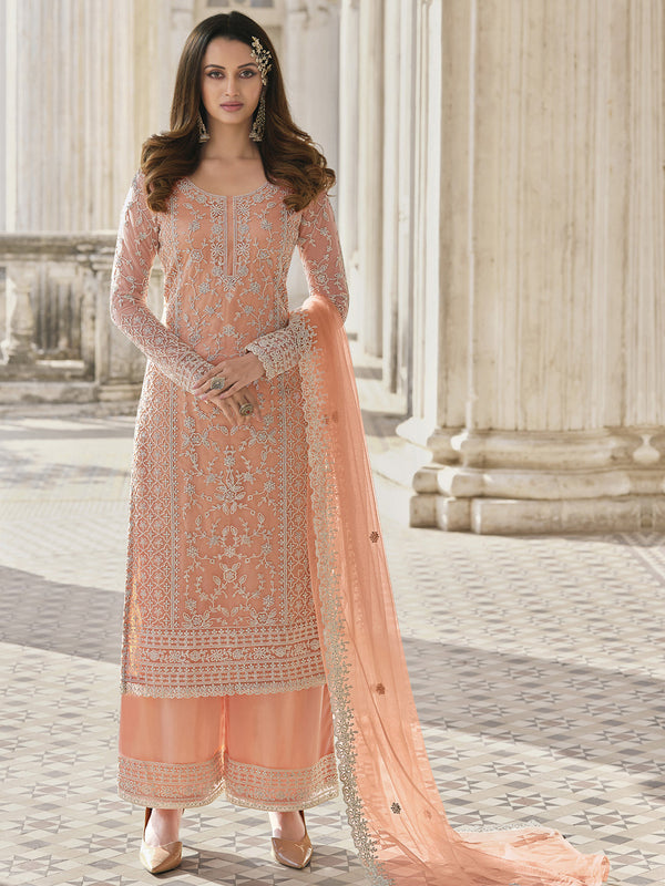 Peach Heavy Butterfly Net Palazzo Suit 194093