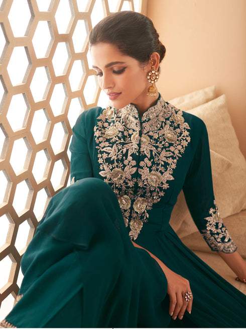 Green Heavy Georgette Anarkali Dress 194097 Closure View