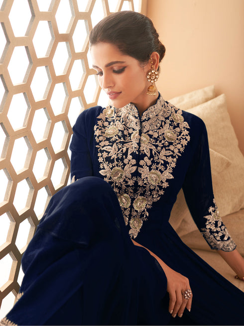 Navy Blue Heavy Georgette Anarkali Dress 194099 Closure View