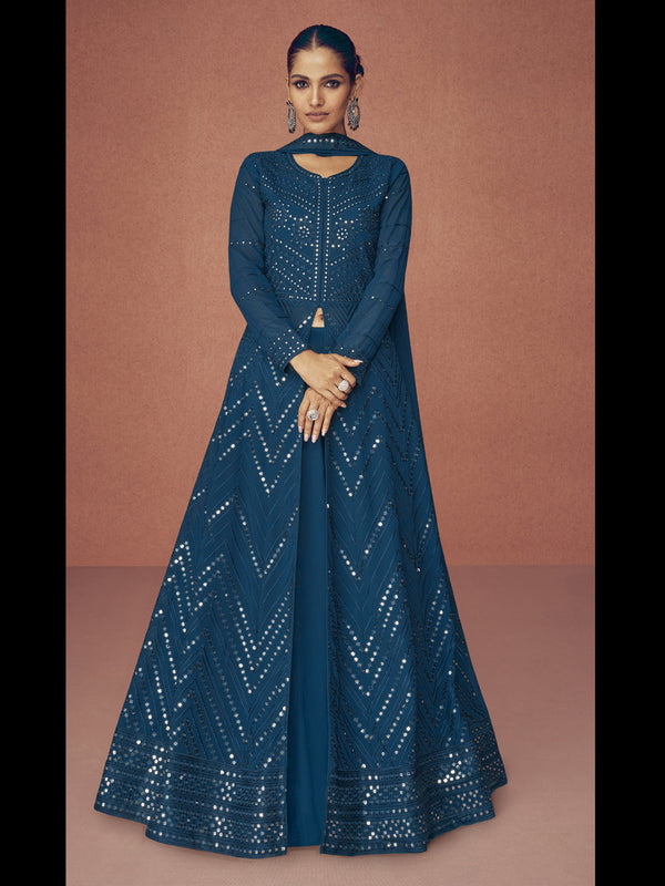 Teal Real Georgette Anarkali Dress 194105