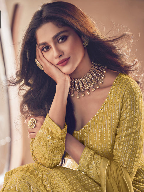 Mustard Heavy Fox Georgette Anarkali Dress 194111 Closure View