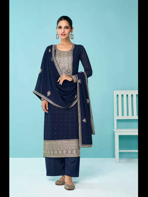 Navy Blue Heavy Fox Georgette Palazzo Suit 194120