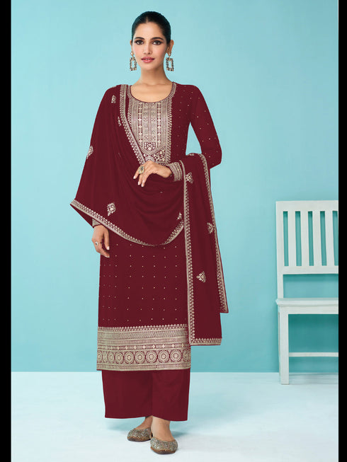 Maroon Heavy Fox Georgette Palazzo Suit 194121