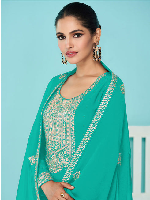 Mint Heavy Fox Georgette Palazzo Suit 194123 Closure View