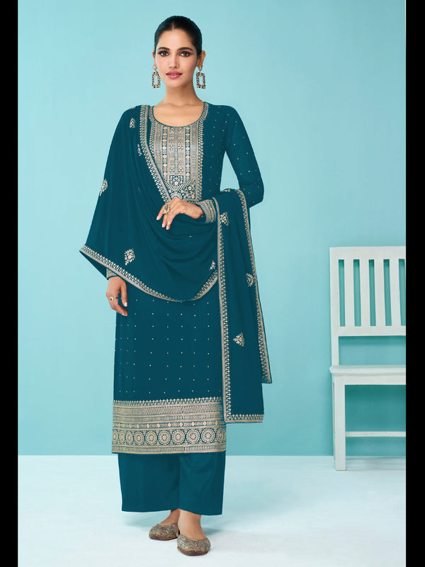 Teal Heavy Fox Georgette Palazzo Suit 194124