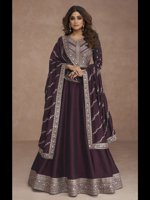 Wine Premium Silk Anarkali Dress 194133